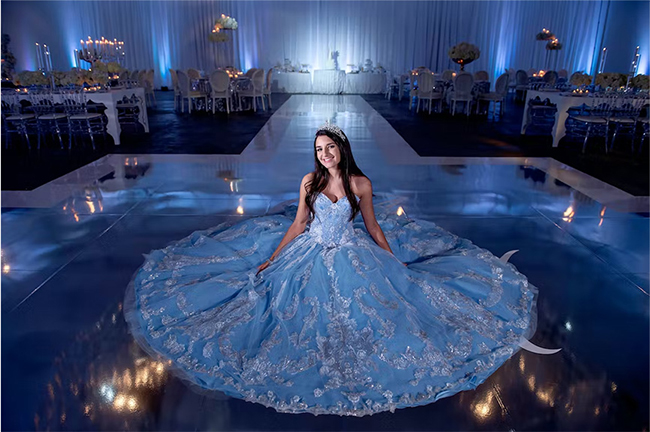 Girl in her quince dress.